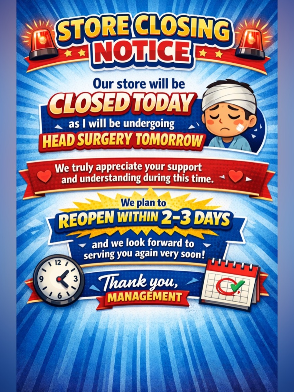 Store Closing Notice Poster please check back in a few days